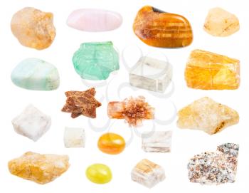 set of various Calcite gemstones isolated on white background