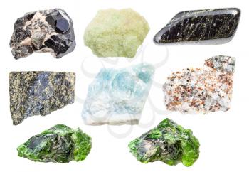 set of various Diopside gemstones and rocks isolated on white background