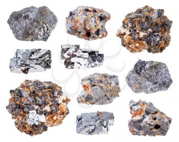 set of various Galena (Galenite, lead glance) rocks isolated on white background