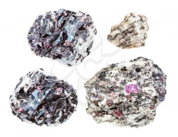set of various gneiss rocks isolated on white background