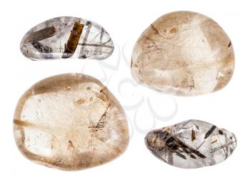 set of various hairworm quartz (Rutilated and tourmaline quartz) stones isolated on white background