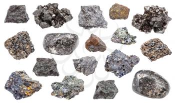 set of various Magnetite (iron ore) rocks isolated on white background