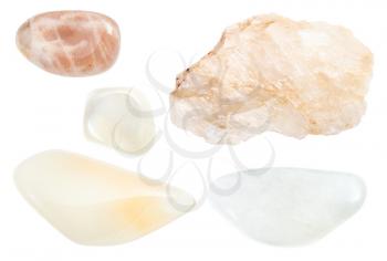 set of various moonstone gemstones isolated on white background