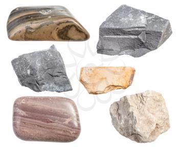 set of various mudstone rocks isolated on white background