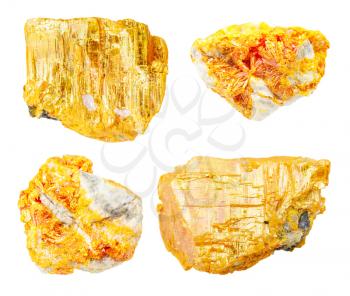 set of various Orpiment crystals isolated on white background