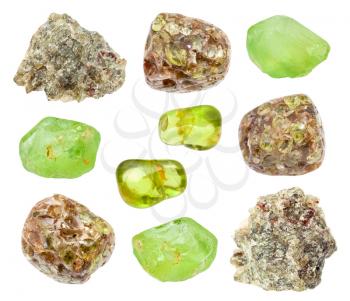 set of various Chrysolite (Olivine, Peridot) gemstones isolated on white background