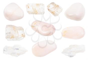 set of various Petalite (castorite) gemstones isolated on white background