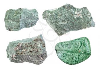 set of various Tinguaite (Phonolite) rocks isolated on white background