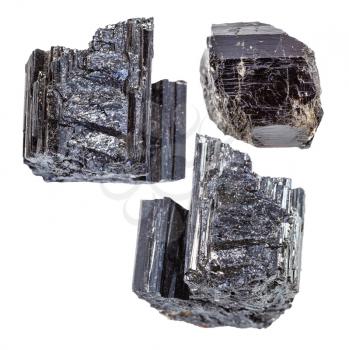 set of Schorl (black Tourmaline) crystals isolated on white background