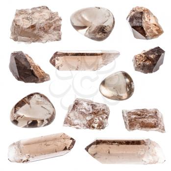 set of various Smoky Quartz gemstones isolated on white background