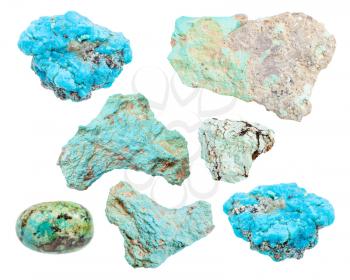 set of various Turquoise gemstones isolated on white background