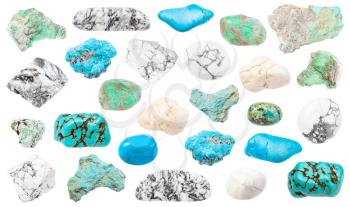 set of Turquoise and natural imitation gemstones (Magnesite, Howlite, Turquenite, Variscite) isolated on white background