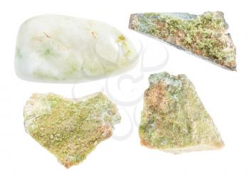 set of various Vesuvianite crystals isolated on white background