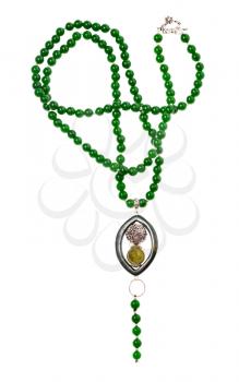 hand crafted necklace from green nephrite beads with pendant isolated on white background