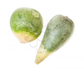 top view of pair of fresh green Lobo (margelan) radish isolated on white background