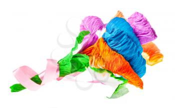 handmade artificial multicolored flower made of crepe paper with pink ribbon isolated on white background