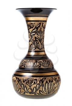 side view of carved brass indian vase made in the middle of 20th century isolated on white background