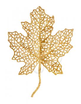 golden plastic skeleton of natural leaf isolated on white background
