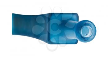 overturned empty matte blue glass bottle isolated on white background