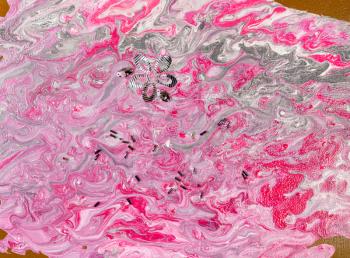 abstract painting with flowing pink and silver acrylic paints decorated by bugles