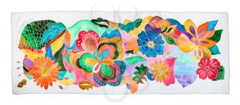 silk scarf with floral pattern hand-drawn in cold contour batik technique isolated on white background