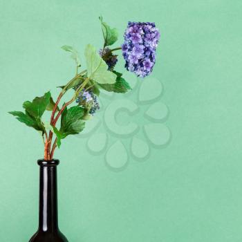 artificial flower in glass bottle on green pastel color square background with copyspace