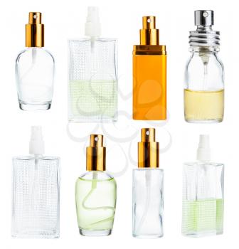set of various perfume spray glass vials isolated on white background