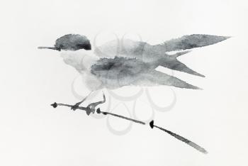 bird on twig of reed hand-drawn by gray ink on old textured paper in sumi-e (suibokuga) style