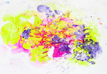 minimalist art - abstract spots handcrafted by typing colorful pigments on paper from aqueous surface in Ebru (paper marbling) technique