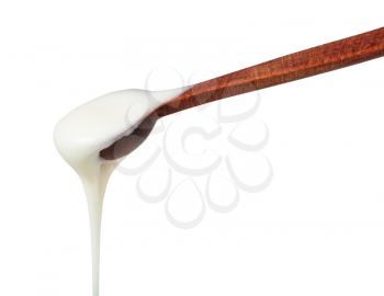 side view of natural organic white honey pouring from little wooden spoon closeup isolated on white background