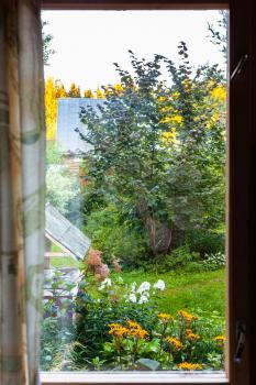 view of overgrown yard with well through window in cottage in summer twilight
