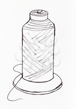 big spool of thread for sewing machine hand-drawn by black marker pen on white paper