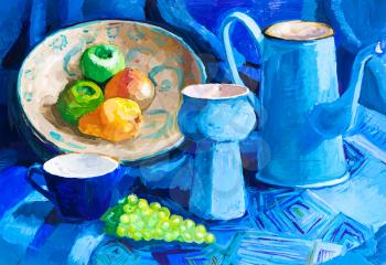 blue still life with coffee pot, vase, cup and fruits hand-drawn by tempera on white paper