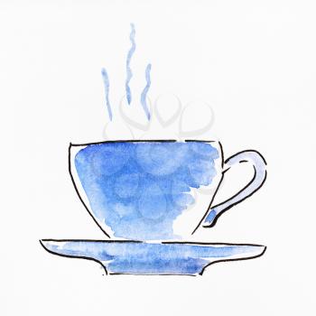 sketch of side view of tea cup and saucer hand-drawn by black ink and blue watercolours on white paper