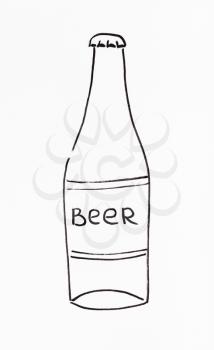 sketch of bottle of beer hand-drawn by black felt-tip pen on white paper