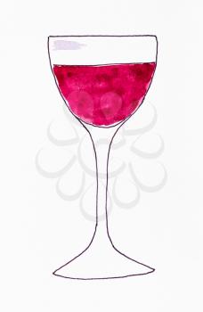 sketch of wineglass with red wine hand-drawn by black ink and red watercolours on white paper