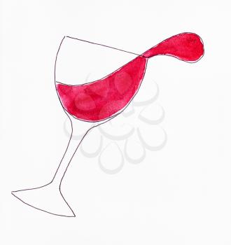 sketch of overturned wineglass with red wine hand-drawn by black ink and red watercolours on white paper