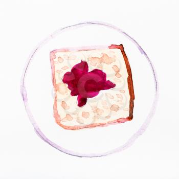 sketch of top view of open sandwich with red jam on plate hand-drawn by watercolours on white paper