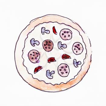 sketch of top view of pizza with mushrooms, salami and tomatoes hand-drawn by black ink and watercolours on white paper