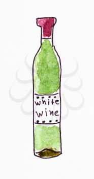 sketch of green bottle of white wine hand-drawn by black ink and watercolours on white paper