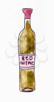 sketch of brown bottle of red wine hand-drawn by black ink and watercolours on white paper