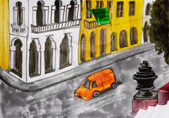 cityscape with orange car on road near hotel in Havana city, Cuba hand-drawn by color felt-tip pens on white paper
