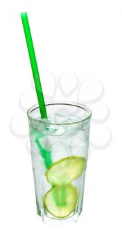 highball glass with prepared gin and tonic cocktail on the rock with two slices of lime and green plastic straw isolated on white background