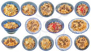 set of various cooked pilaf (central asian dish from rice with meat and vegetable) on local oriental bowl isolated on white background