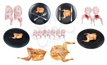collection of raw and fried quails isolated on white background