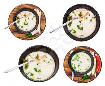 set of sour and spicy soup Tom yam nam khon made with shrimps, coconut milk, chilli pepper, lemongrass, galangal, coriander, kaffir lime leaves in bowl isolated on white background