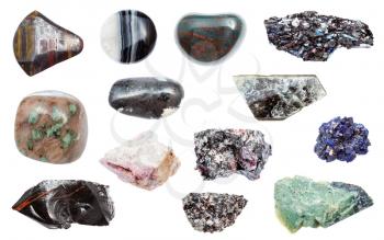 set of various samples of natural minerals from geological collection (biotite, kyanite, agate, heliotrope, nunderite, muscovite, tourmaline, azurite, phlogopite, etc ) isolated on white background