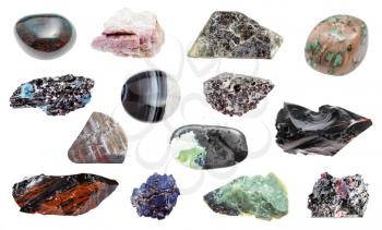 collection of various samples of natural minerals (agate, bloodstone, nundoorite, mica, tourmaline, azurite, phlogopite, obsidian, garnet, jaspilite, biotite, etc ) isolated on white background