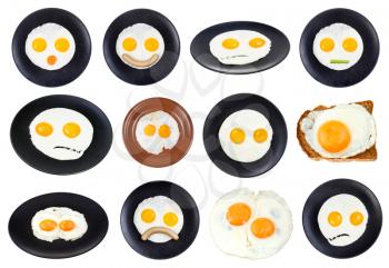 set of various fried eggs on plate isolated on white background