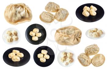 set of cooked Manti (type of dumpling in turkic cuisine) on isolated on white background